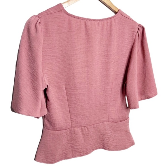 Primark Womens Short Sleeve Wrap Button Dusty Rose Peplum Formal Crop Top Blouse - Picture 8 of 16